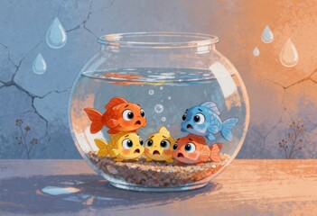 Cute cartoon illustration of three colorful fish swimming in a glass fishbowl on a cracked wooden surface.