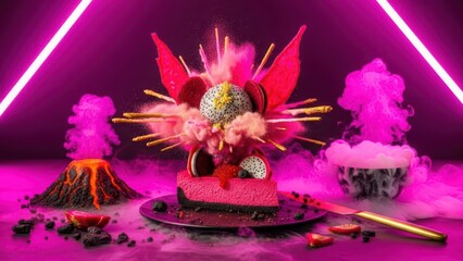 A vibrant and whimsical dessert display featuring a slice of pink cheesecake adorned with dragon fruit, macarons, and edible gold accents, set against neon lights and smoky vapor.