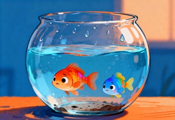 Cute cartoon illustration of three colorful fish swimming in a glass fishbowl on a cracked wooden surface.