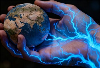 Human hand with glowing blue lightning veins holding a small dry cracked earth sphere in dark space.