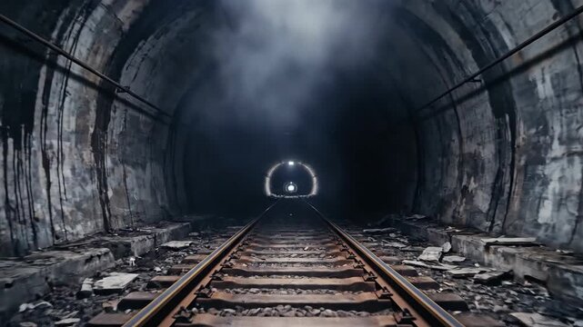 Dark industrial tunnel with railway tracks leading into a mysterious light filled with atmospheric smoke and concrete texture