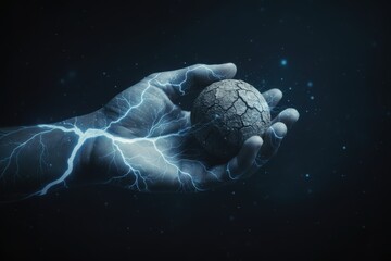 Human hand with glowing blue lightning veins holding a small dry cracked earth sphere in dark space.