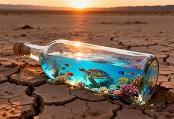 Surreal concept art of a vibrant underwater ocean ecosystem with a turtle inside a glass bottle lying on dry cracked desert earth at sunset.