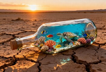 Surreal concept art of a vibrant underwater ocean ecosystem with a turtle inside a glass bottle lying on dry cracked desert earth at sunset.