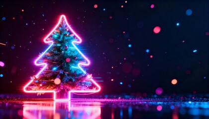 neon glowing Christmas tree outline, futuristic cyberpunk colors, dark background, floating particles