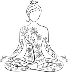 Woman in lotus position with floral elements in simple line art vector design