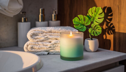 A tranquil bathroom setting with a glowing scented candle, soft white towels, and a green plant creating a peaceful spa-like atmosphere for relaxation