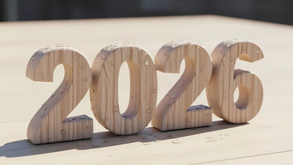 Celebrate new beginnings! Wooden '2026' glistens with fresh promise. Symbolizes future plans, growth, and opportunities. Perfect for conveying optimism and a forward-thinking vision.