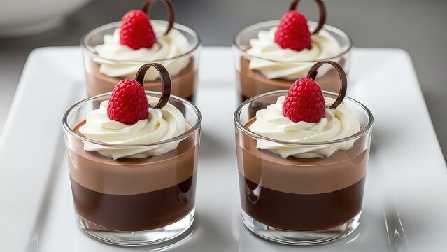 Decadent triple chocolate mousse desserts with raspberry garnish