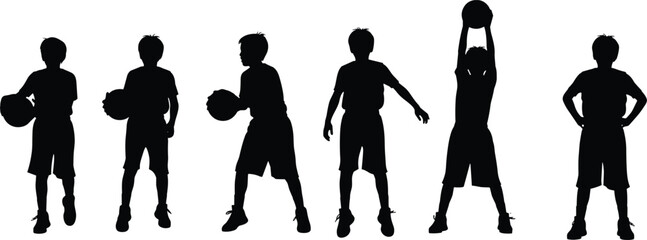 Black silhouette of six boys playing basketball in various poses on white background © Mokarrm Art