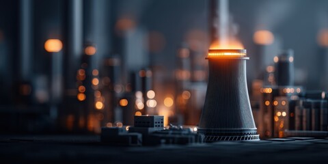 Hazard Radioactive Impact concept. Industrial scene with a cooling tower and glowing lights at night.