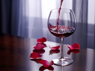 Elegant glass of rich red wine being poured amidst scattered crimson rose petals on a reflective surface