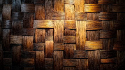 Obraz premium Natural woven basket texture illuminated with soft, warm light, highlighting the organic fibers and handcrafted pattern. Ideal for backgrounds, design materials, and rustic themes.