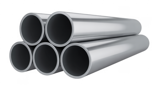 Stack of polished metal pipes with smooth reflective surfaces isolated on a transparent background