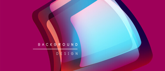 Abstract geometric shapes overlap, creating vibrant color gradients. Pink background complements blue, purple hues. Modern design element.