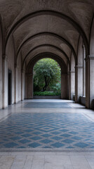 Obraz premium Elegant architectural archway leading to a serene garden view in an urban setting during daylight