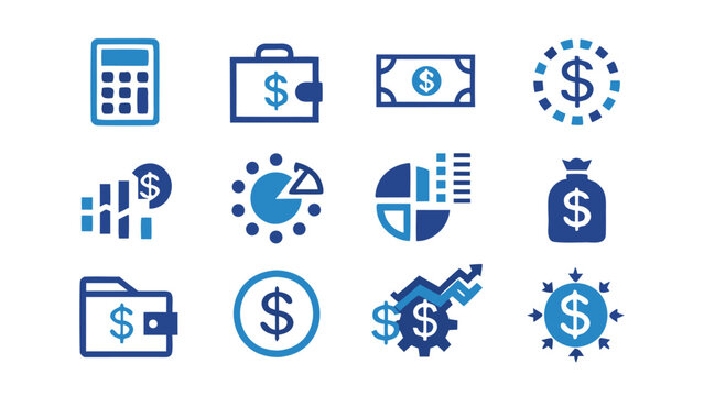 Collection of blue finance and business icons representing money growth savings and financial analysis on a white background - Powered by Adobe