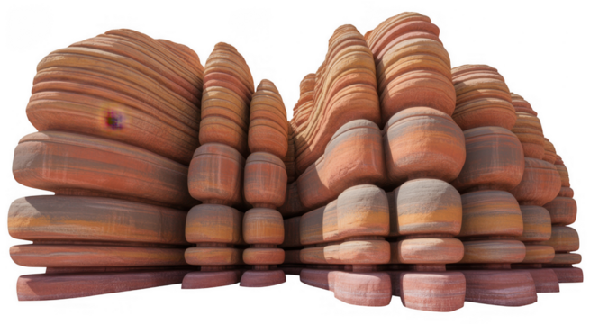 Stacked layered sandstone rock formations with horizontal striations isolated on a transparent background