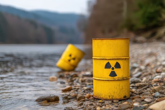 Hazard Radioactive Impact concept. Polluted riverbank with yellow radioactive barrels in focus.
