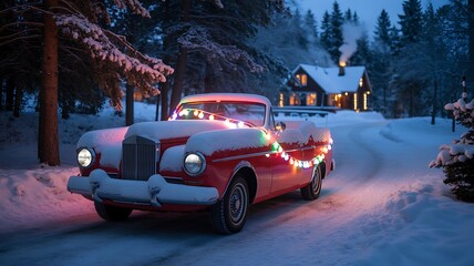 Vintage red car adorned with festive christmas lights parked in a snowy forest with a cozy illuminated cabin in the background