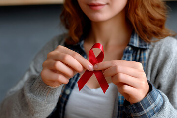 Woman holding red ribbon symbolizing World AIDS Day awareness