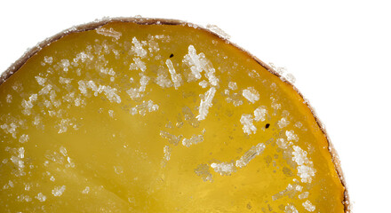 Close-up of a Yellow Slice with Crystalline Structures and Brown Edge