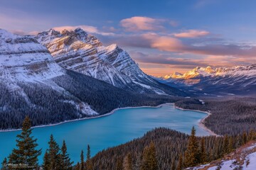 Snow-Capped Mountain Range Reflecting On Turquoise Lake Under Sunset Sky
