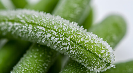 Close-up of Frozen Green Bean with Delicate Ice Crystals Formation