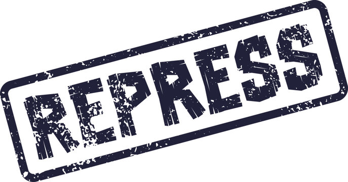 Official REPRESS word on a rectangular blue textured stamp indicating an act of suppression or control