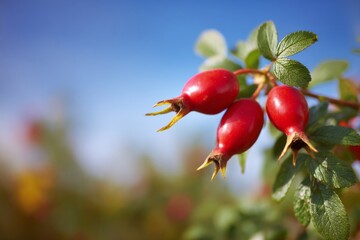 Against the backdrop of a bright blue sky, ripe rose hips hang from a bush in a garden basking in the sunshine