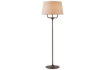Tall floor lamp with a beige fabric lampshade and a dark metal stand isolated on a transparent background