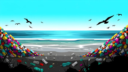 Ocean Pollution A Depiction of Trash Accumulation on the Shoreline with Soaring Birds