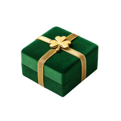 Green velvet gift box with golden ribbon and decorative clover for special occasions