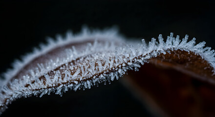 Intricate Frost Crystals Adorning a Leaf's Edge Against Dark Background