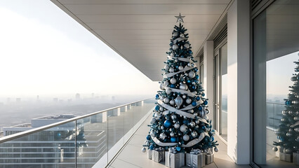 Christmas tree on the balcony in the snow