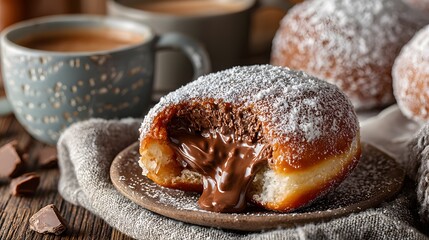 Delicious Chocolate-Filled Donut on Wooden Table with Coffee