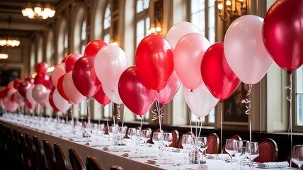 Elegant row of red and pink balloons adorning a long banquet table set for a special celebration or wedding reception