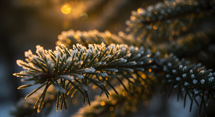 Frozen Fir Branch at Sunrise with Sparkling Frost
