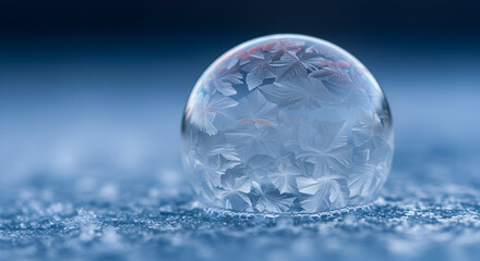Intricate Ice Crystal Patterns on a Frozen Soap Bubble, Macro Photography