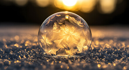 Frozen Ice Bubble at Sunset, Detailed Ice Patterns