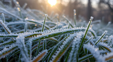 Frosty Morning Dew on Grass Blades Close Up