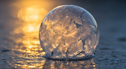 Intricate Frozen Bubble with Feather-Like Ice Crystals, Golden Backlight