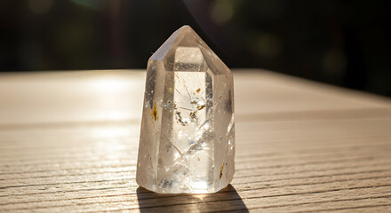 Clear Quartz Crystal Point on Wooden Surface with Natural Light