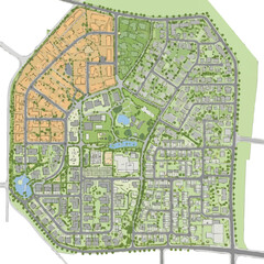 Obraz premium An architectural plan illustrates a detailed urban development layout, showcasing residential areas, green spaces, and infrastructure in a comprehensive design.