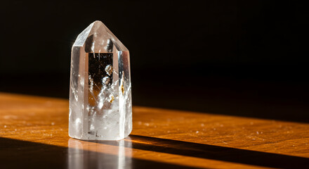 Quartz Point with Inclusions Bathed in Sunlight on Wood Surface, Dark Background