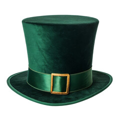 Elegant green velvet top hat with golden buckle for festive celebrations and events, St. Patrick's Day