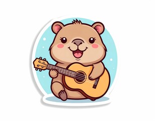 Playful capybara strumming a guitar in a cute pastel vector style. Great for music-themed stickers and fun character collections.