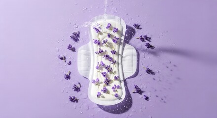 Feminine Hygiene Pad with Lavender Flowers on a Purple Background, Healthcare Concept.