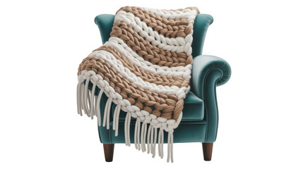 Teal armchair with chunky knit throw blanket in brown and white stripes isolated on a transparent background