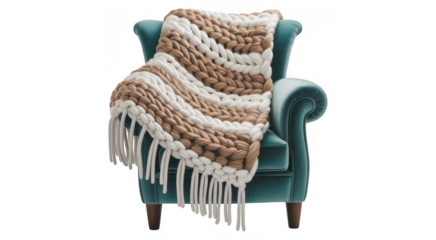 Teal armchair with chunky knit throw blanket in brown and white stripes isolated on a transparent background